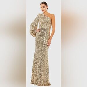 Mac Duggal 26717 Gold Sequined One Shoulder Bishop Sleeve Trumpet Gown NWT Sz 2